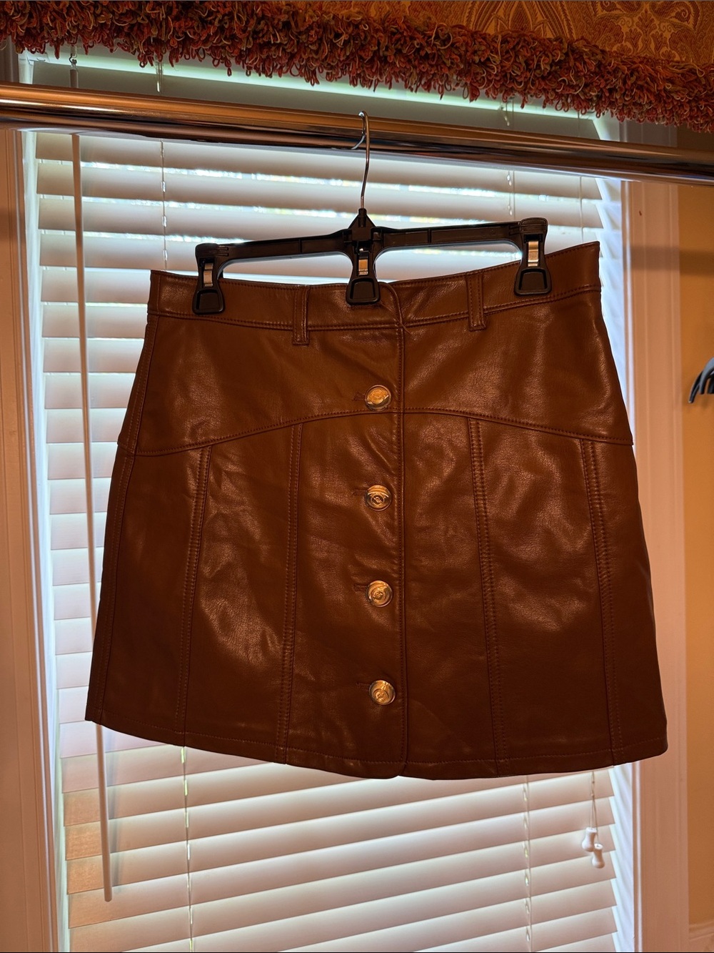 Cinq à Sept Brown Vegan Leather Button-Front Mini Skirt